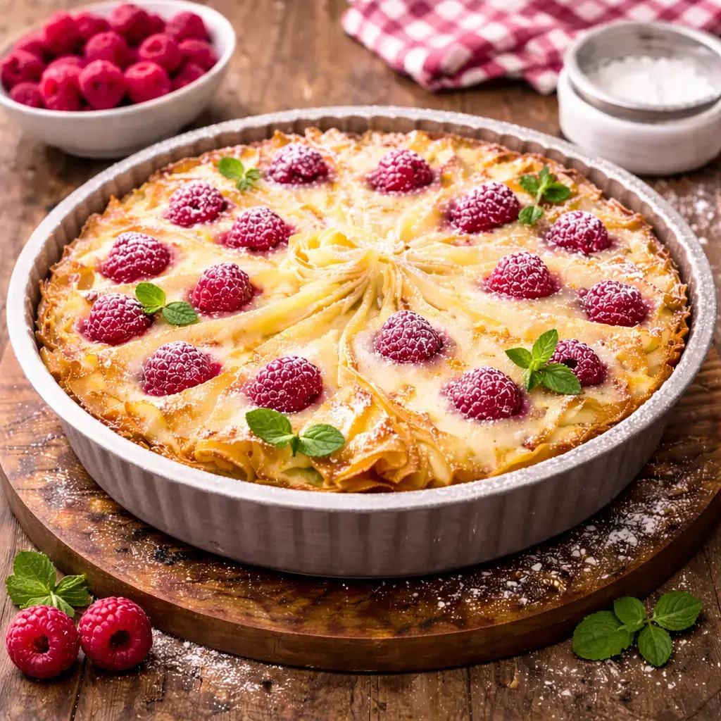 Ruffled milk pie with raspberries
