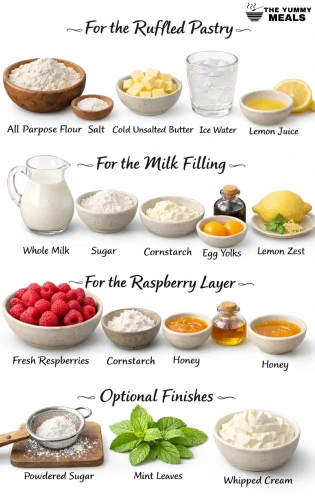 Ruffled milk pie with raspberries