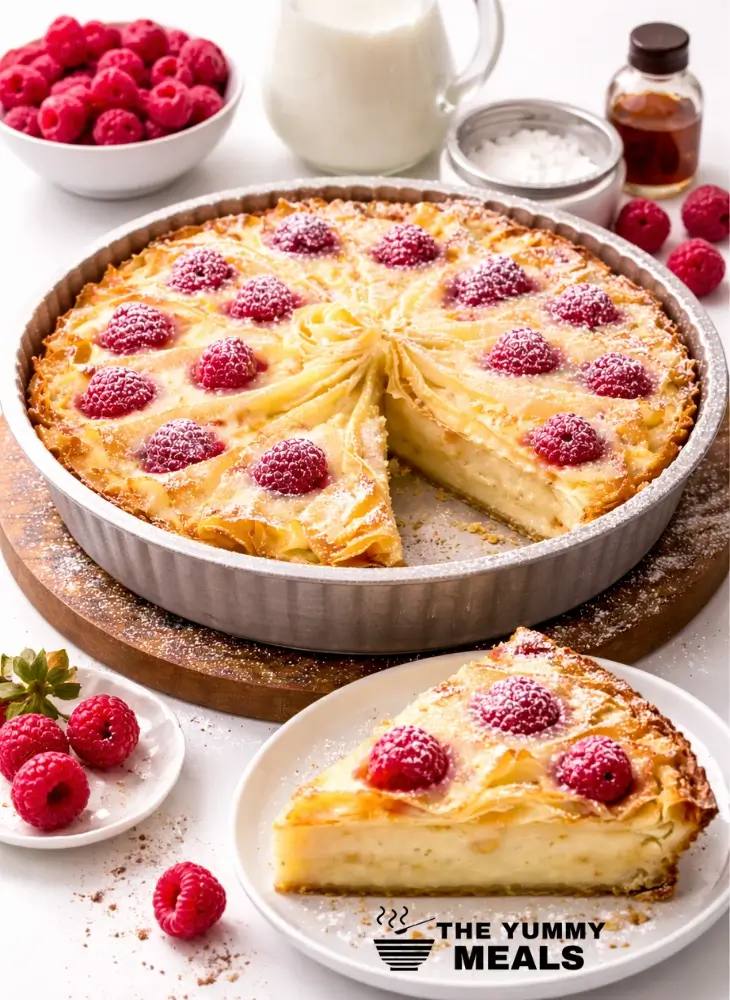 Ruffled milk pie with raspberries
